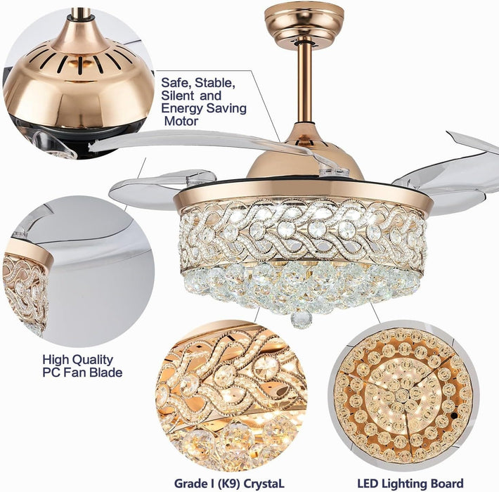 42 in. Reversible Crystal Ceiling Fan with Lights and Remote, Quiet Retractable Chandelier Fandelier for Bedroom, Dimmable LED Fan Light for Dining Room -16-ErisView