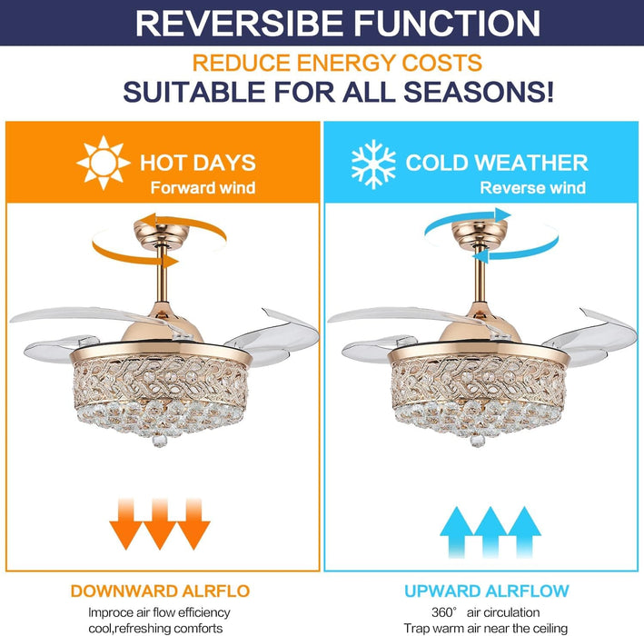 42 in. Reversible Crystal Ceiling Fan with Lights and Remote, Quiet Retractable Chandelier Fandelier for Bedroom, Dimmable LED Fan Light for Dining Room -17-ErisView