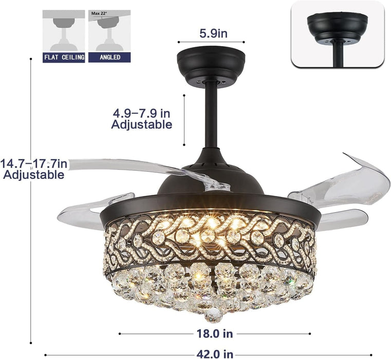 42 in. Reversible Crystal Ceiling Fan with Lights and Remote, Quiet Retractable Chandelier Fandelier for Bedroom, Dimmable LED Fan Light for Dining Room -2-ErisView