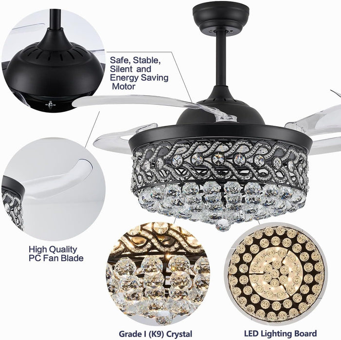 42 in. Reversible Crystal Ceiling Fan with Lights and Remote, Quiet Retractable Chandelier Fandelier for Bedroom, Dimmable LED Fan Light for Dining Room -3-ErisView