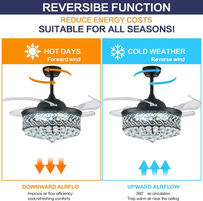 42 in. Reversible Crystal Ceiling Fan with Lights and Remote, Quiet Retractable Chandelier Fandelier for Bedroom, Dimmable LED Fan Light for Dining Room -4-ErisView