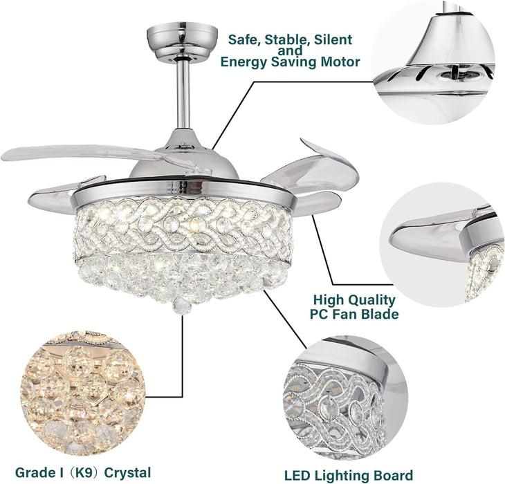 42 in. Reversible Crystal Ceiling Fan with Lights and Remote, Quiet Retractable Chandelier Fandelier for Bedroom, Dimmable LED Fan Light for Dining Room -8-ErisView