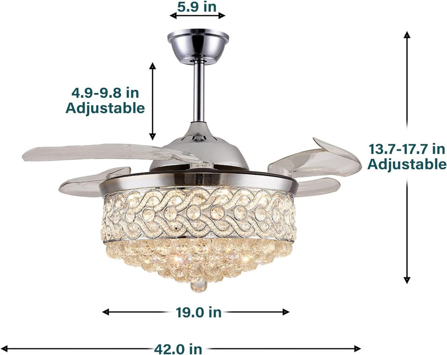 42 in. Reversible Crystal Ceiling Fan with Lights and Remote, Quiet Retractable Chandelier Fandelier for Bedroom, Dimmable LED Fan Light for Dining Room -9-ErisView