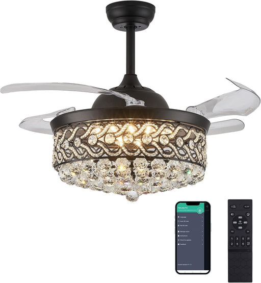 42 in. Reversible Crystal Ceiling Fan with Lights and Remote, Quiet Retractable Chandelier Fandelier for Bedroom, Dimmable LED Fan Light for Dining Room -1-ErisView