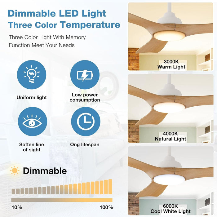 42 in. Silent Reversible Dimmable Ceiling Fan, White Wood Remote Control Ceiling Fan with Light, 3 Blade Ceiling Fan-4-ErisView