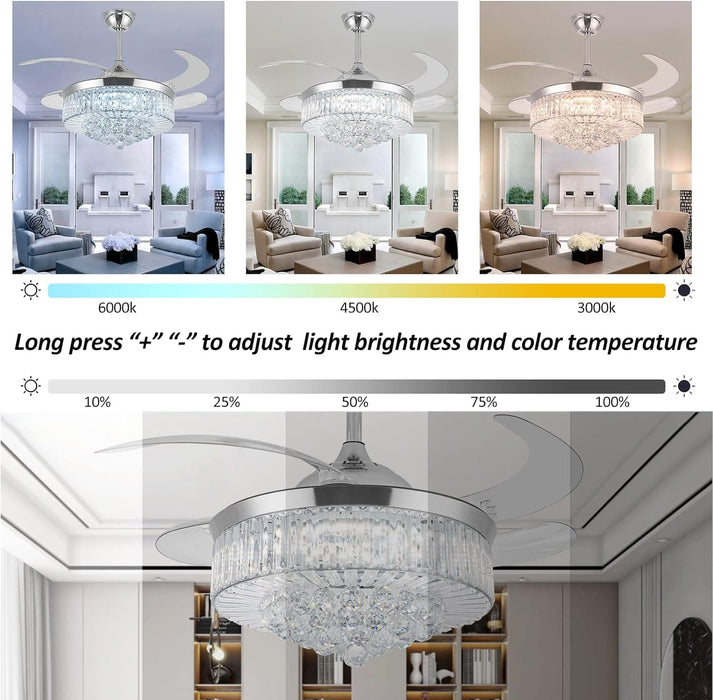 42 in. Silver Crystal Ceiling Fan Chandelier with Remote, 4 Blades Retractable Light Fixture for Bedroom Living Room Dining Room-2-ErisView
