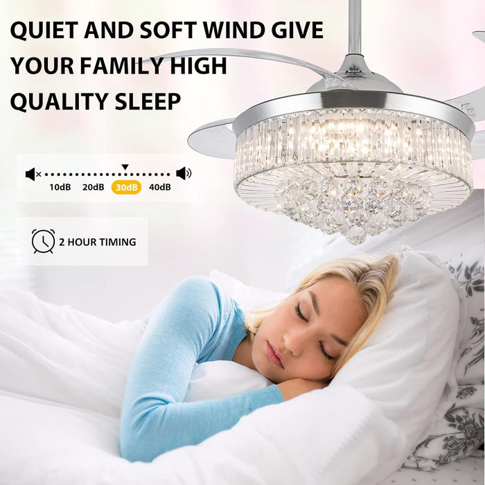 42 in. Silver Crystal Ceiling Fan Chandelier with Remote, 4 Blades Retractable Light Fixture for Bedroom Living Room Dining Room-3-ErisView