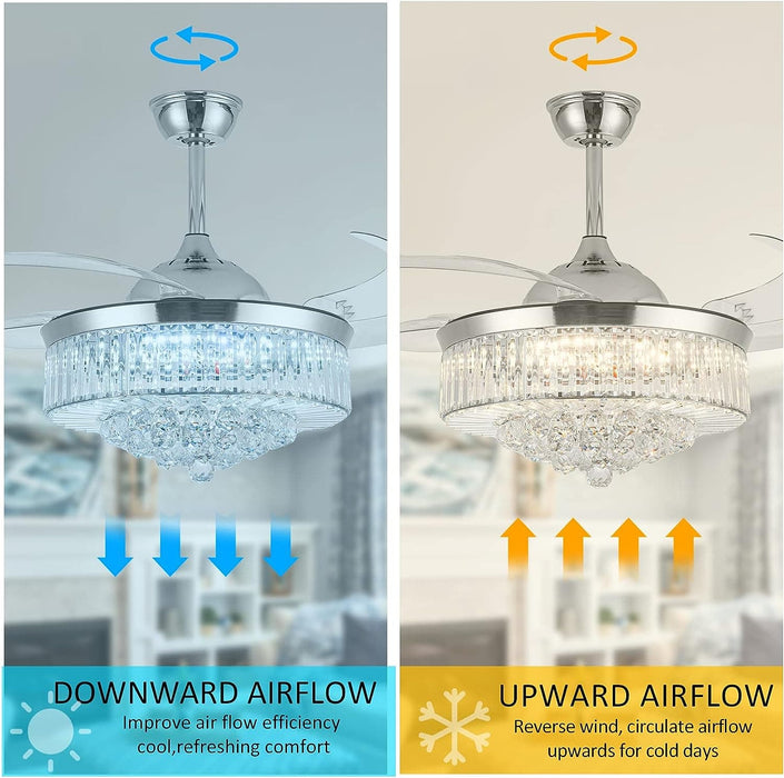 42 in. Silver Crystal Ceiling Fan Chandelier with Remote, 4 Blades Retractable Light Fixture for Bedroom Living Room Dining Room-4-ErisView