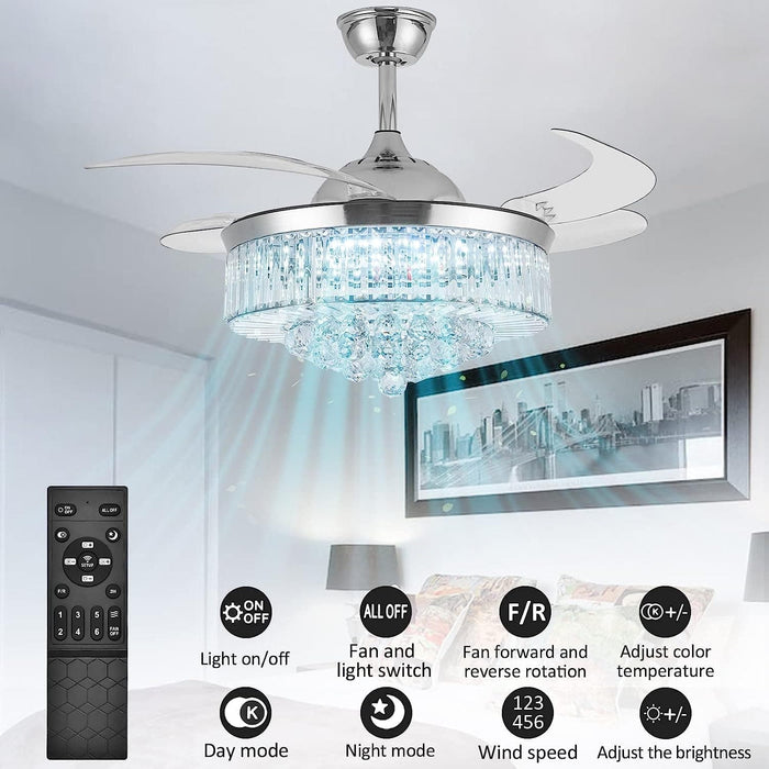 42 in. Silver Crystal Ceiling Fan Chandelier with Remote, 4 Blades Retractable Light Fixture for Bedroom Living Room Dining Room-5-ErisView