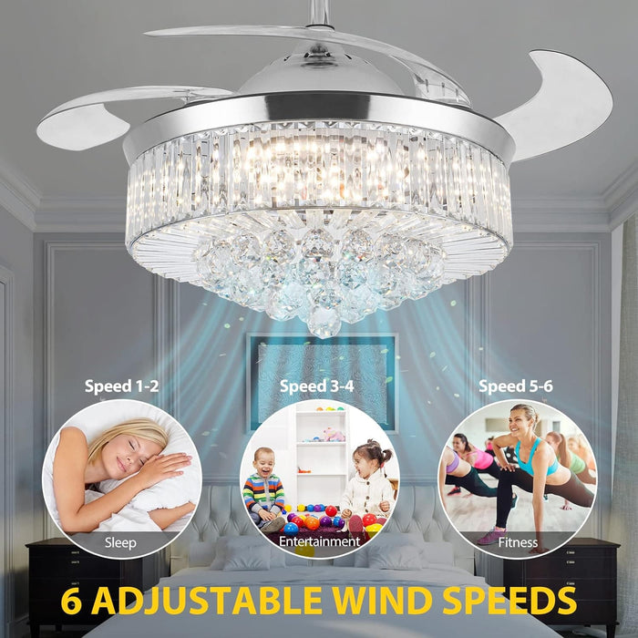 42 in. Silver Crystal Ceiling Fan Chandelier with Remote, 4 Blades Retractable Light Fixture for Bedroom Living Room Dining Room-6-ErisView