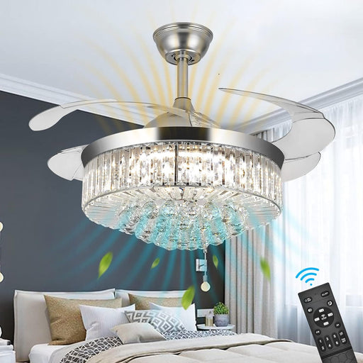 42 in. Silver Crystal Ceiling Fan Chandelier with Remote, 4 Blades Retractable Light Fixture for Bedroom Living Room Dining Room-1-ErisView