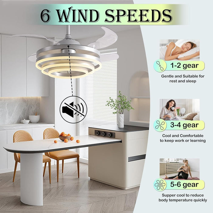 42 in. Silver Invisible Ceiling Fan Chandelier Light, Modern Ceiling Fan Light with Remote, Decorative Ceiling Fans with Light for Bedroom Living Dining, -3-ErisView