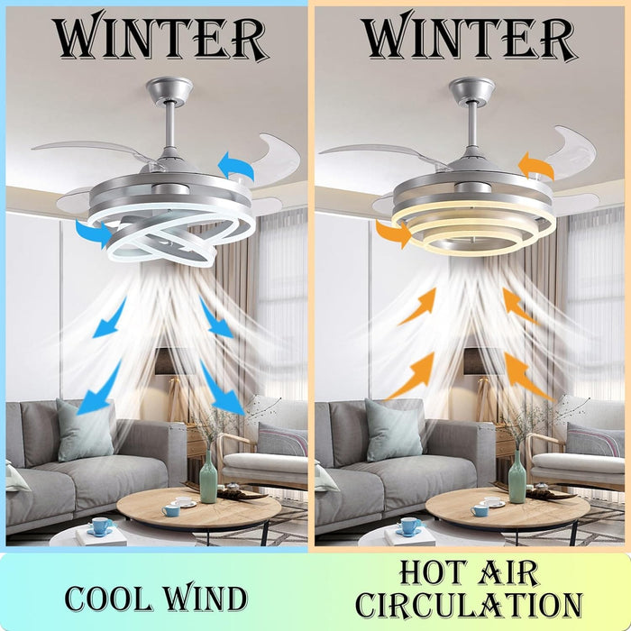 42 in. Silver Invisible Ceiling Fan Chandelier Light, Modern Ceiling Fan Light with Remote, Decorative Ceiling Fans with Light for Bedroom Living Dining, -4-ErisView