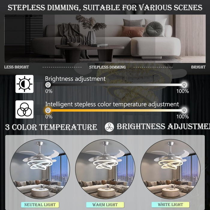 42 in. Silver Invisible Ceiling Fan Chandelier Light, Modern Ceiling Fan Light with Remote, Decorative Ceiling Fans with Light for Bedroom Living Dining, -5-ErisView