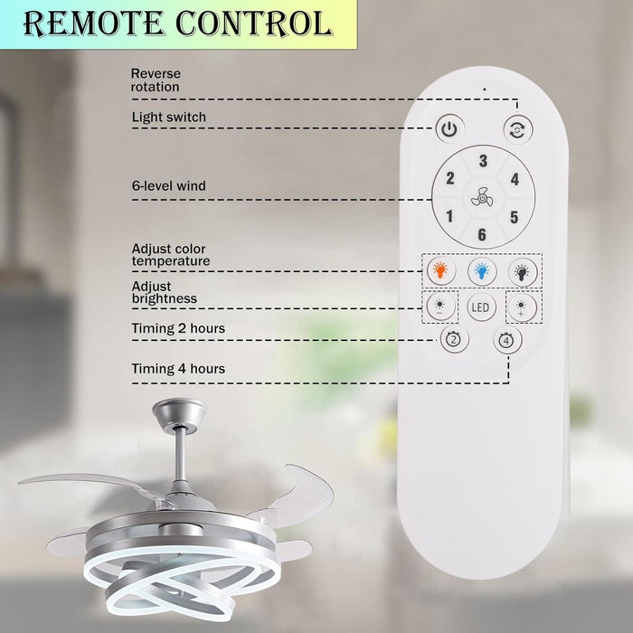 42 in. Silver Invisible Ceiling Fan Chandelier Light, Modern Ceiling Fan Light with Remote, Decorative Ceiling Fans with Light for Bedroom Living Dining, -6-ErisView