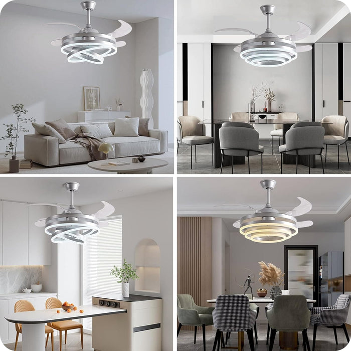 42 in. Silver Invisible Ceiling Fan Chandelier Light, Modern Ceiling Fan Light with Remote, Decorative Ceiling Fans with Light for Bedroom Living Dining, -7-ErisView