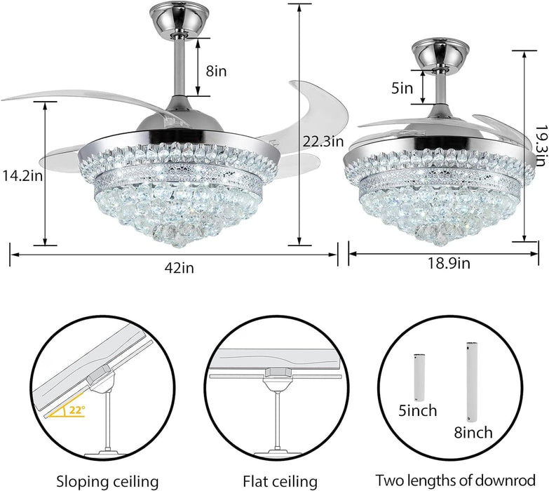 42 in. Silver Invisible Ceiling Fan with Light Remote, Modern Retractable Crystal Chandelier for Bedroom Living Dining Room, Decorative Ceiling Fans -2-ErisView