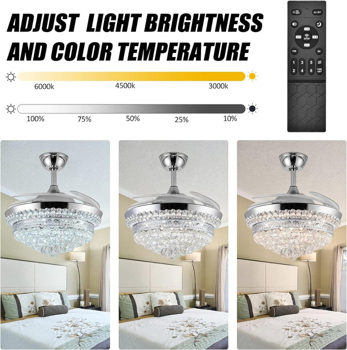 42 in. Silver Invisible Ceiling Fan with Light Remote, Modern Retractable Crystal Chandelier for Bedroom Living Dining Room, Decorative Ceiling Fans -3-ErisView