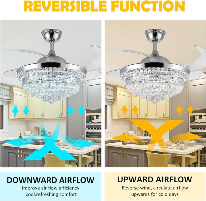 42 in. Silver Invisible Ceiling Fan with Light Remote, Modern Retractable Crystal Chandelier for Bedroom Living Dining Room, Decorative Ceiling Fans -4-ErisView