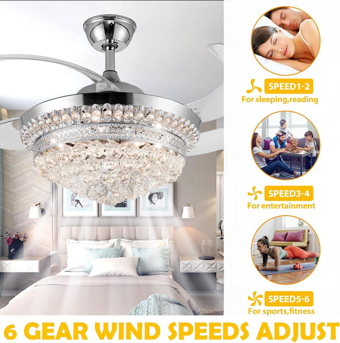42 in. Silver Invisible Ceiling Fan with Light Remote, Modern Retractable Crystal Chandelier for Bedroom Living Dining Room, Decorative Ceiling Fans -5-ErisView