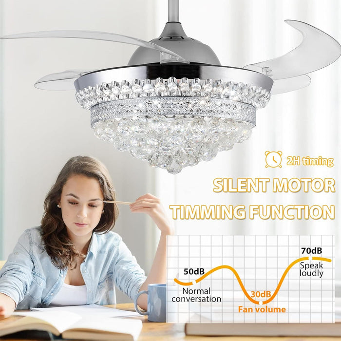 42 in. Silver Invisible Ceiling Fan with Light Remote, Modern Retractable Crystal Chandelier for Bedroom Living Dining Room, Decorative Ceiling Fans -6-ErisView