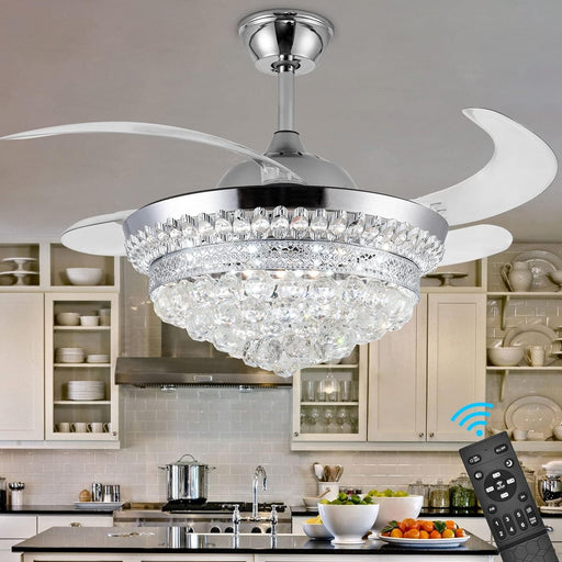 42 in. Silver Invisible Ceiling Fan with Light Remote, Modern Retractable Crystal Chandelier for Bedroom Living Dining Room, Decorative Ceiling Fans -1-ErisView