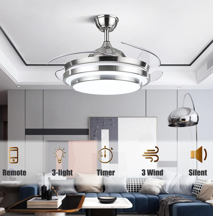42 in. Silver Modern Ceiling Light with Remote Control, Retractable Blade Ceiling Fan for Living Bedroom Restaurant-2-ErisView