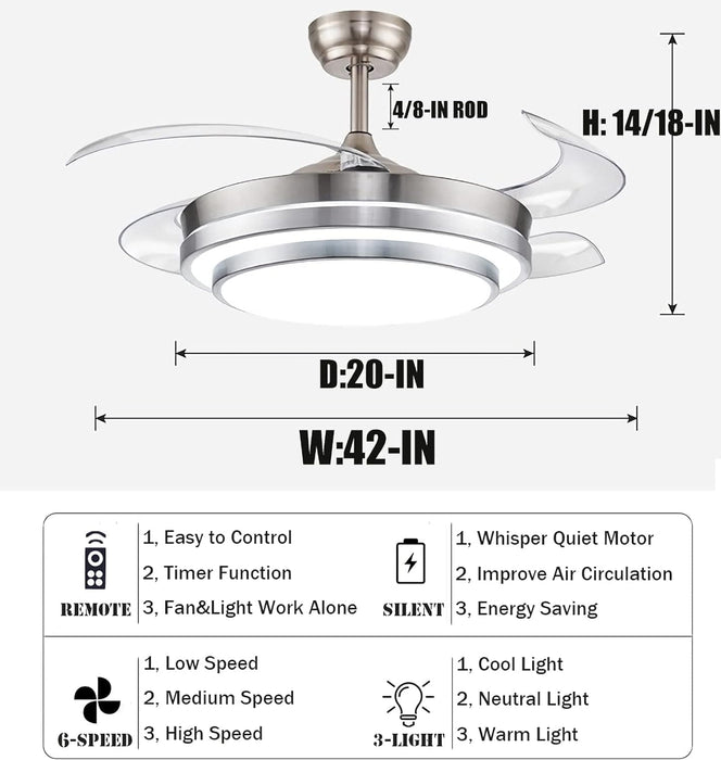 42 in. Silver Modern Ceiling Light with Remote Control, Retractable Blade Ceiling Fan for Living Bedroom Restaurant-4-ErisView