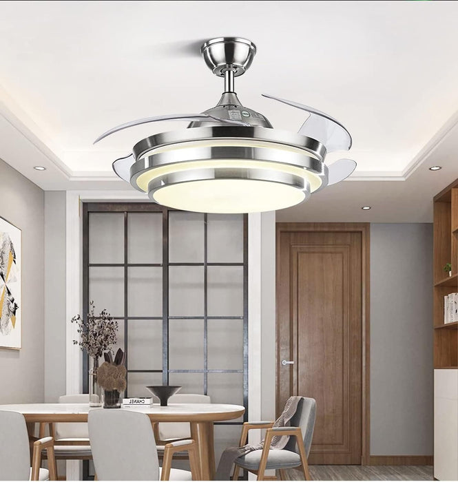 42 in. Silver Modern Ceiling Light with Remote Control, Retractable Blade Ceiling Fan for Living Bedroom Restaurant-6-ErisView