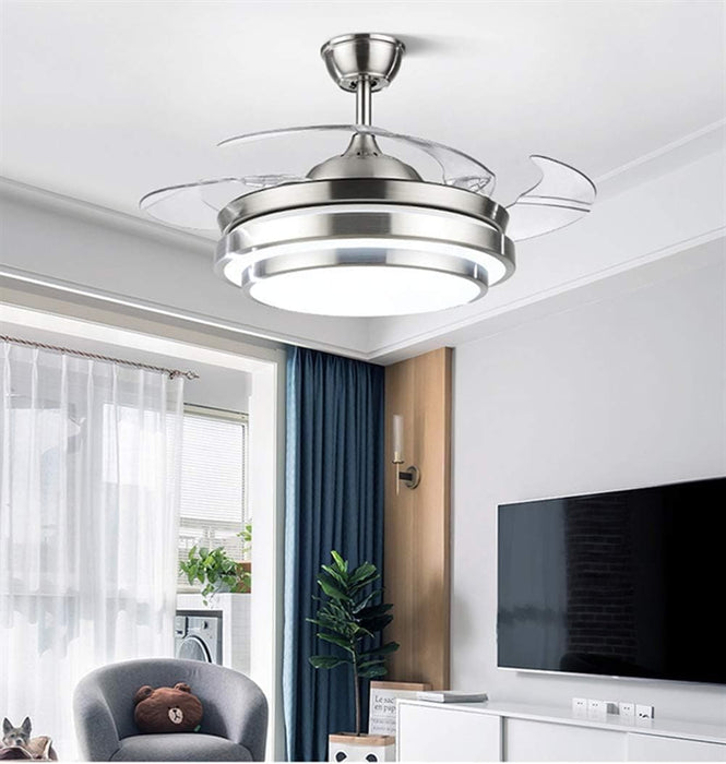 42 in. Silver Modern Ceiling Light with Remote Control, Retractable Blade Ceiling Fan for Living Bedroom Restaurant-8-ErisView