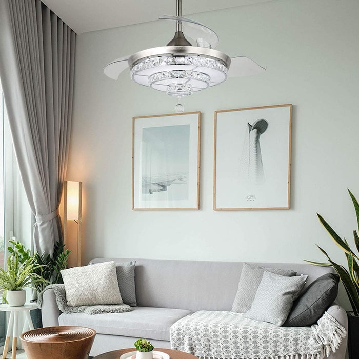 42 in. Silver Modern Crystal Ceiling Fan with Lights and Remote, Dimmable LED Chandelier Fan, Retractable Fandelier for Bedroom Living Room Dining Room-2-ErisView