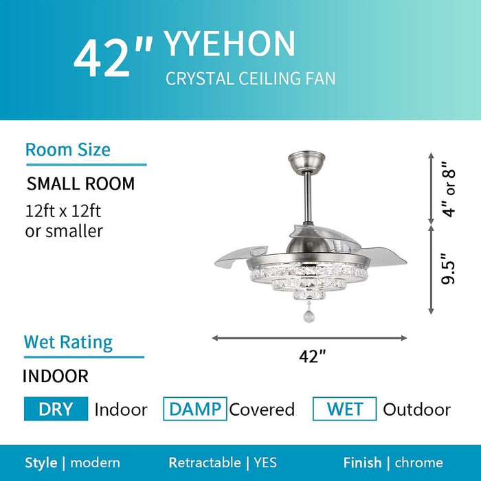 42 in. Silver Modern Crystal Ceiling Fan with Lights and Remote, Dimmable LED Chandelier Fan, Retractable Fandelier for Bedroom Living Room Dining Room-3-ErisView