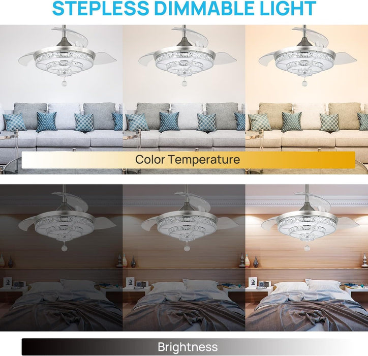 42 in. Silver Modern Crystal Ceiling Fan with Lights and Remote, Dimmable LED Chandelier Fan, Retractable Fandelier for Bedroom Living Room Dining Room-4-ErisView