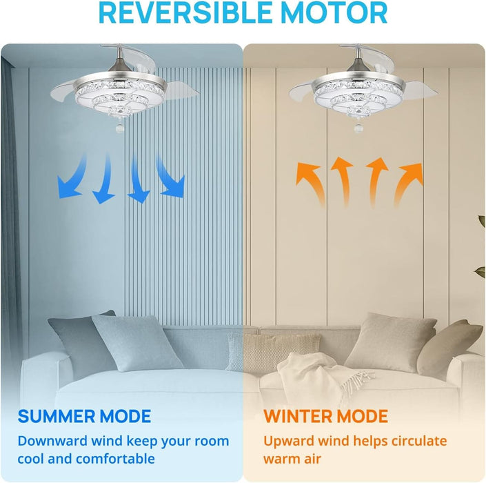 42 in. Silver Modern Crystal Ceiling Fan with Lights and Remote, Dimmable LED Chandelier Fan, Retractable Fandelier for Bedroom Living Room Dining Room-5-ErisView