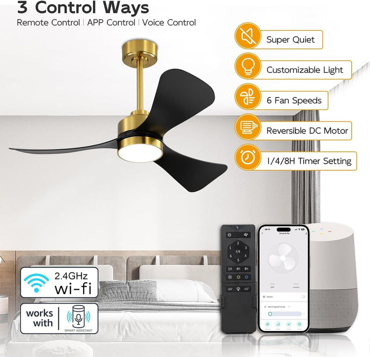 42 in. Smart Brass Ceiling Fan with Light and Remote, 3 Blade Reversible DC Ceiling Fan for Bedroom Living Room, Works with Alexa and Google Assistant-2-ErisView
