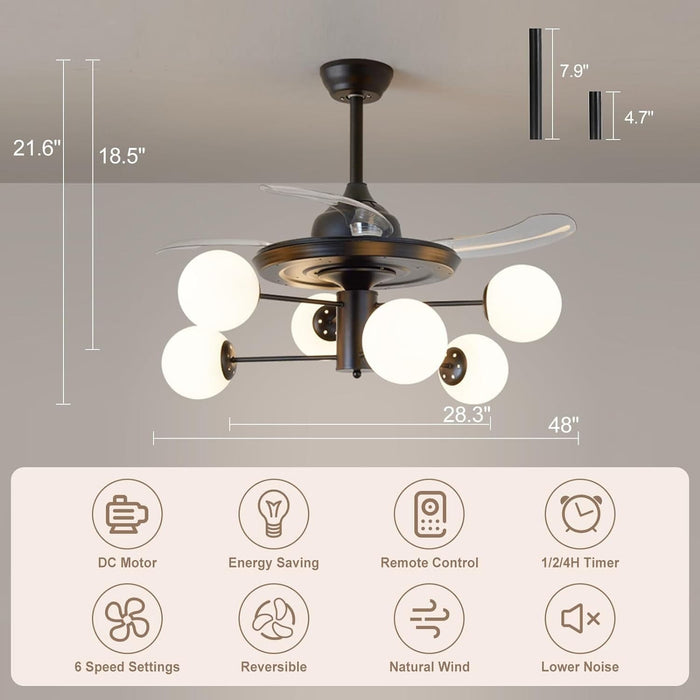 42 in. Sputnik Fandelier with Lights and Remote, Retractable Blade Ceiling Fan Chandelier Fan Light Fixture for Dining Room, Unique Ceiling Fans-10-ErisView