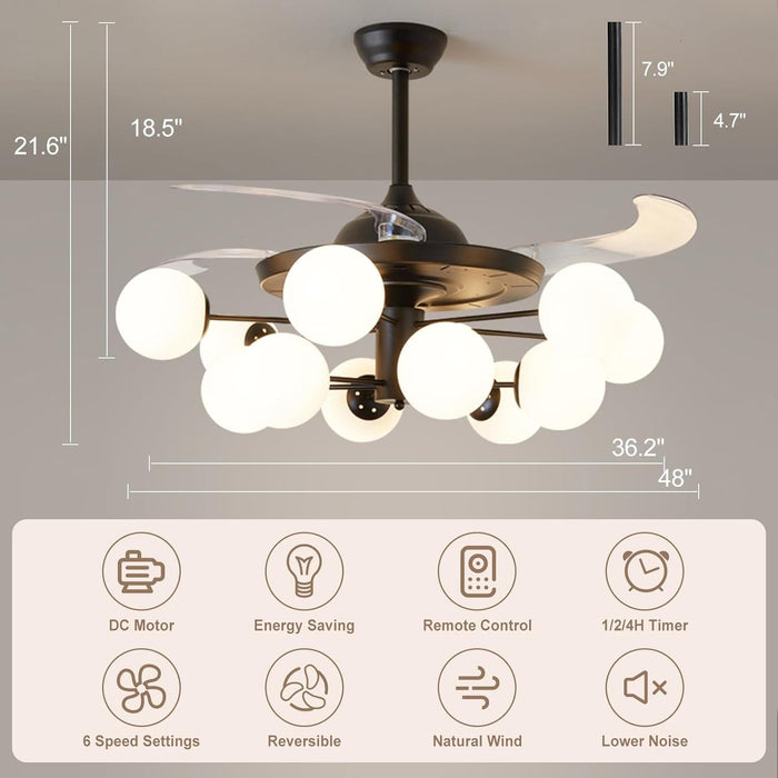 42 in. Sputnik Fandelier with Lights and Remote, Retractable Blade Ceiling Fan Chandelier Fan Light Fixture for Dining Room, Unique Ceiling Fans-17-ErisView
