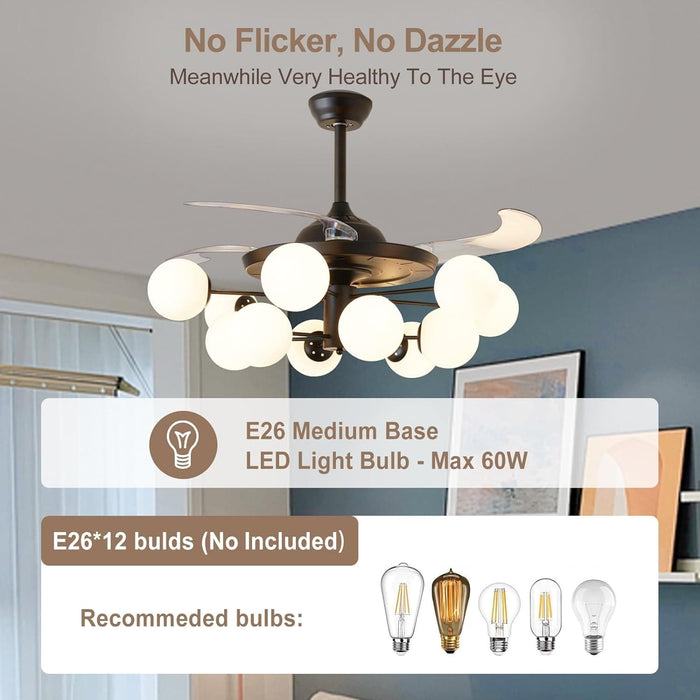 42 in. Sputnik Fandelier with Lights and Remote, Retractable Blade Ceiling Fan Chandelier Fan Light Fixture for Dining Room, Unique Ceiling Fans-19-ErisView