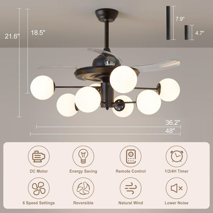 42 in. Sputnik Fandelier with Lights and Remote, Retractable Blade Ceiling Fan Chandelier Fan Light Fixture for Dining Room, Unique Ceiling Fans-24-ErisView