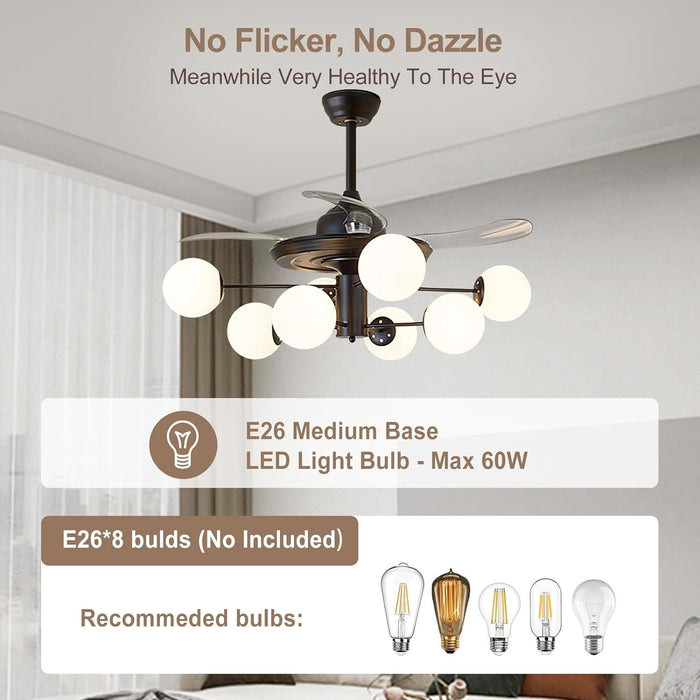 42 in. Sputnik Fandelier with Lights and Remote, Retractable Blade Ceiling Fan Chandelier Fan Light Fixture for Dining Room, Unique Ceiling Fans-26-ErisView