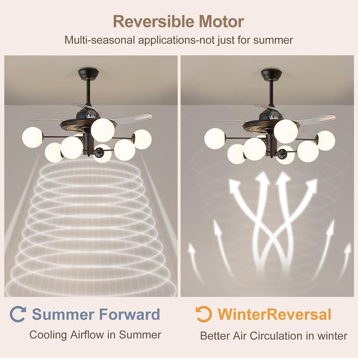 42 in. Sputnik Fandelier with Lights and Remote, Retractable Blade Ceiling Fan Chandelier Fan Light Fixture for Dining Room, Unique Ceiling Fans-30-ErisView