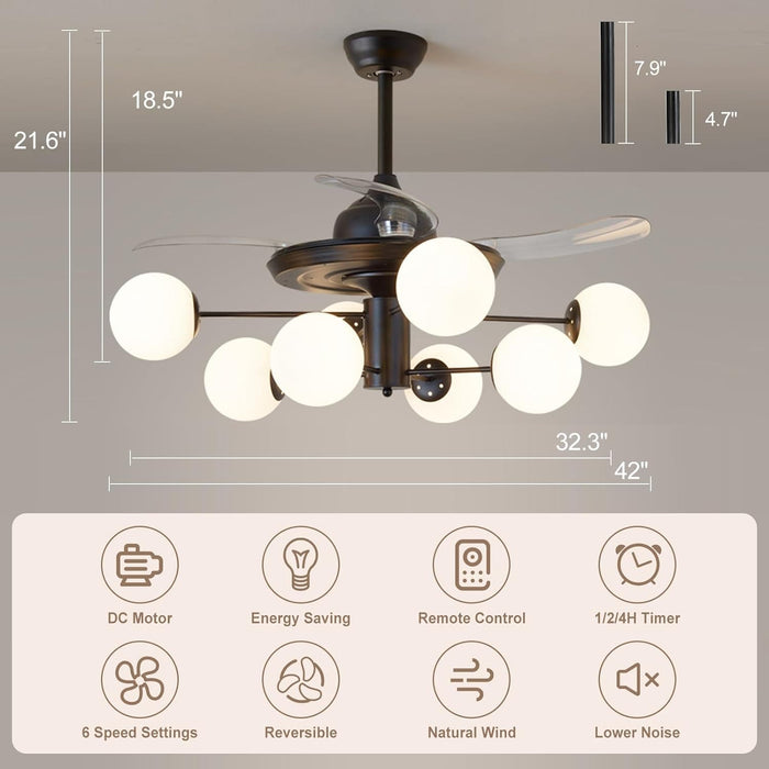 42 in. Sputnik Fandelier with Lights and Remote, Retractable Blade Ceiling Fan Chandelier Fan Light Fixture for Dining Room, Unique Ceiling Fans-31-ErisView