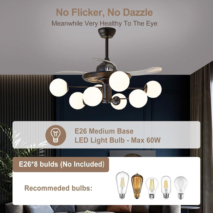 42 in. Sputnik Fandelier with Lights and Remote, Retractable Blade Ceiling Fan Chandelier Fan Light Fixture for Dining Room, Unique Ceiling Fans-32-ErisView