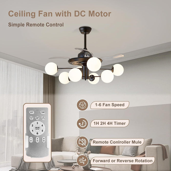 42 in. Sputnik Fandelier with Lights and Remote, Retractable Blade Ceiling Fan Chandelier Fan Light Fixture for Dining Room, Unique Ceiling Fans-34-ErisView