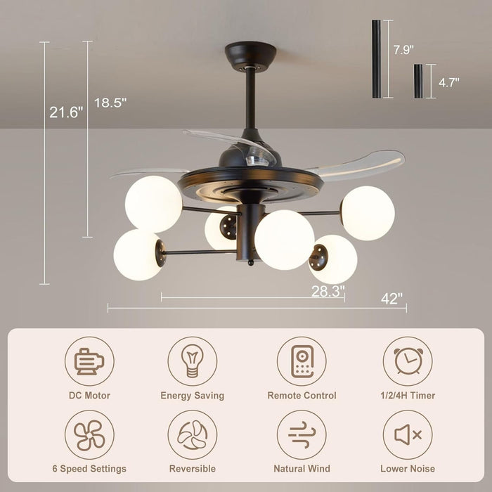 42 in. Sputnik Fandelier with Lights and Remote, Retractable Blade Ceiling Fan Chandelier Fan Light Fixture for Dining Room, Unique Ceiling Fans-3-ErisView