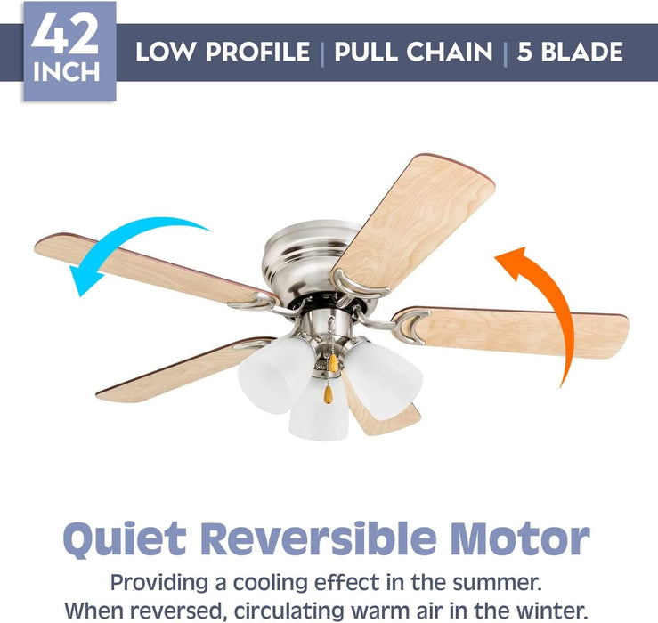 42 in. Traditional Flush Mount Indoor LED Ceiling Fan with Light, Pull Chain, 5, Reversible Fan in Winter Summer-4-ErisView