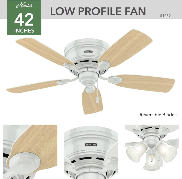 42 in. White Ceiling Fan, Indoor Low Profile Ceiling Fan with Pull Chain Control, Hugger Ceiling Fans-2-ErisView