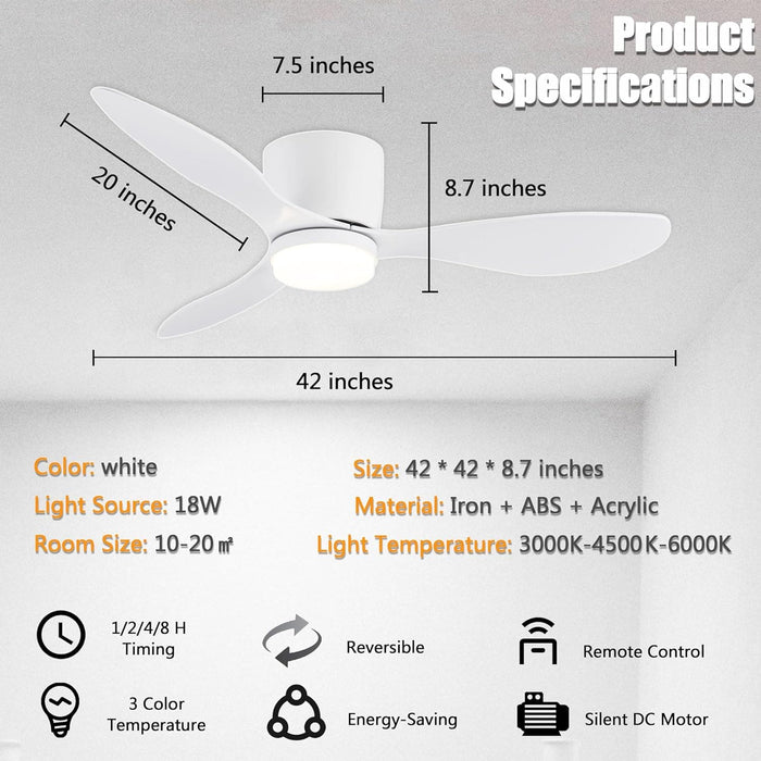 42 in. White Flush Mount Ceiling Fan Light with Remote, Low Profile Ceiling Fan for Bedroom Dining Room-4-ErisView