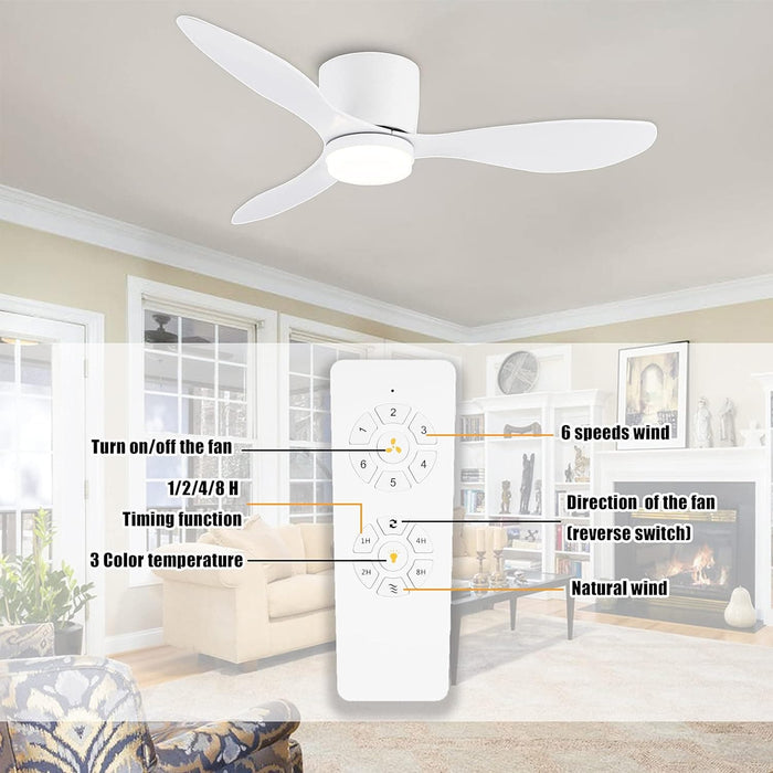 42 in. White Flush Mount Ceiling Fan Light with Remote, Low Profile Ceiling Fan for Bedroom Dining Room-7-ErisView