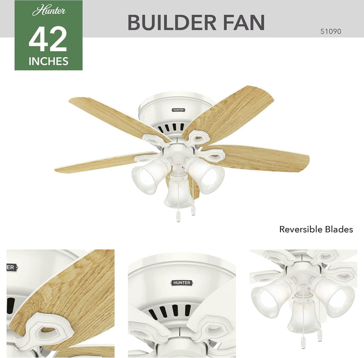 42 in. White Low Ceiling Fan with LED Light Kit and Pull Chain, Hugger Ceiling Fan with Light-2-ErisView